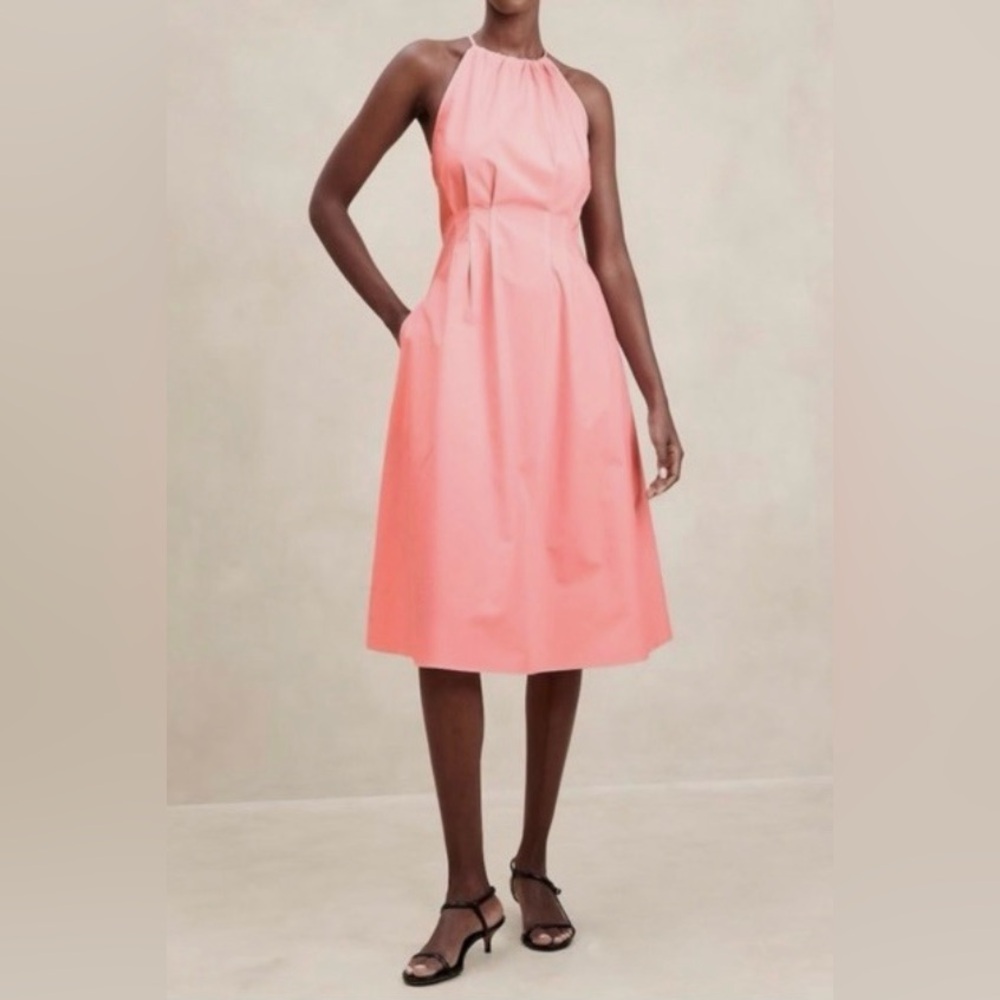 NWT Banana Republic Poplin Halter Pink Midi Dress flattering waist size 2